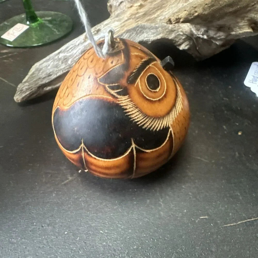 Lucuma Owl Gourd Hand Painted Ornament Rattle Figurine 2.5